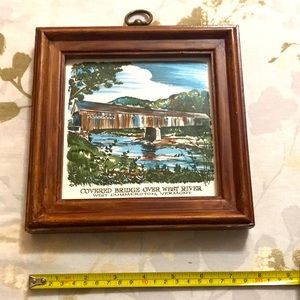 Vintage Porcelain Covered Bridge Tile/Trivet with Wood Frame